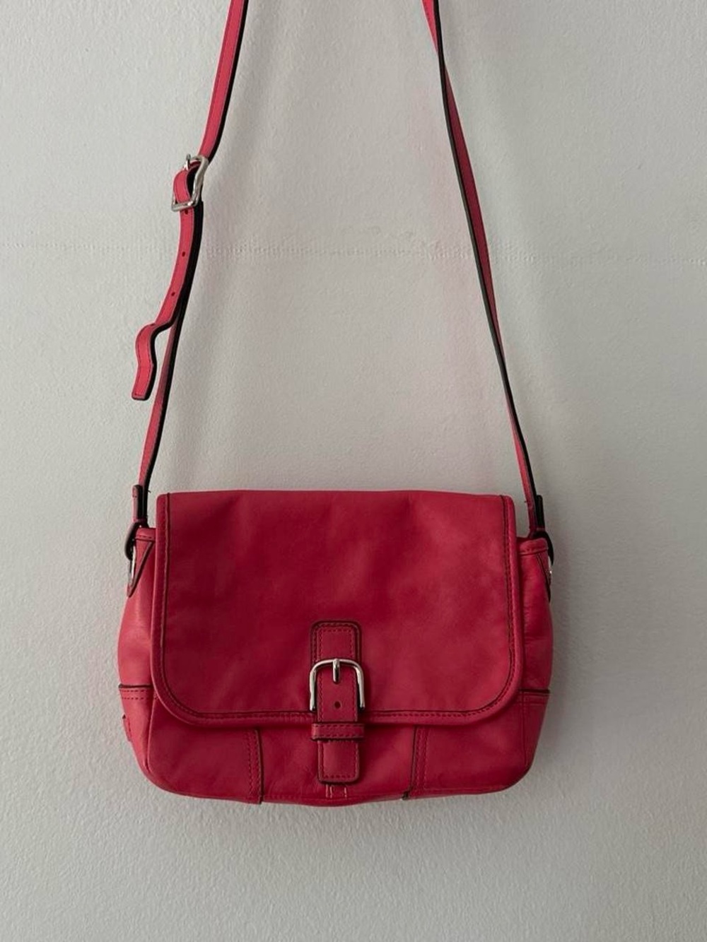 Coach Hot Pink Leather Crossbody Bag w/ Adjustable Strap & Buckle Front
